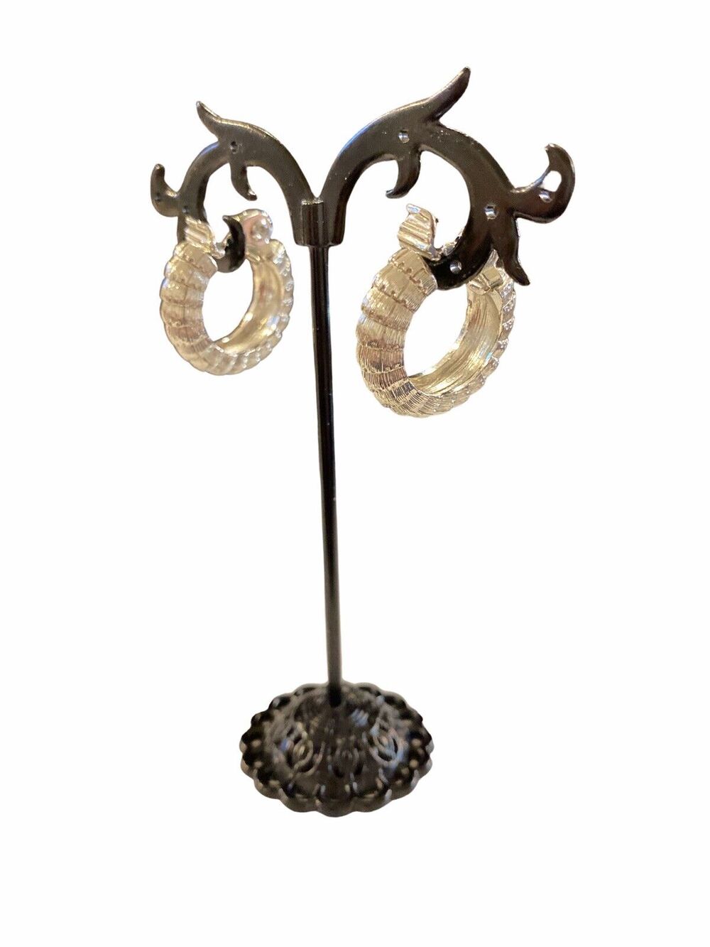Vintage Silvertone Clip On Earrings Non-Pierced Textured Swirl Hoops